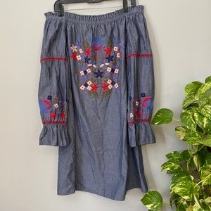 Max studio off shoulders embroidered floral mini dress . 100% cotton.